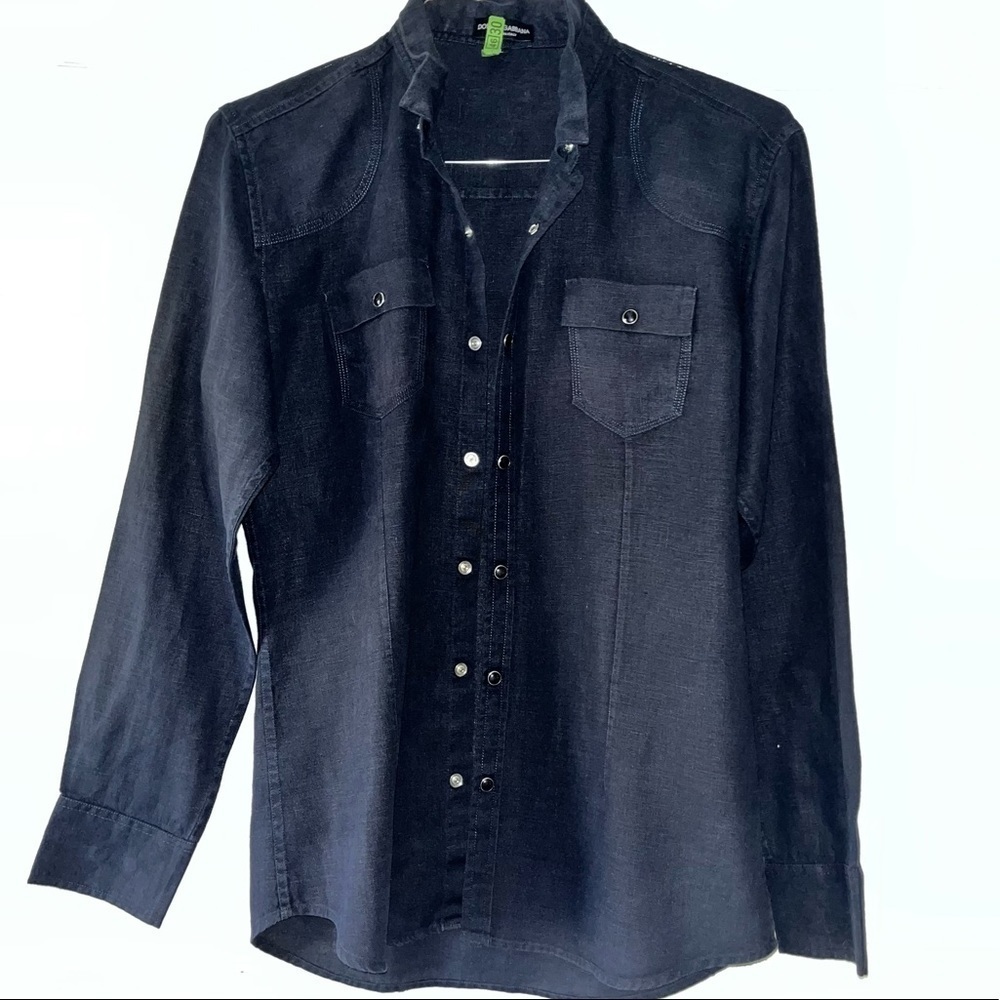 Dolce & Gabbana Navy Blue Linen Button Down Western Style Size Large